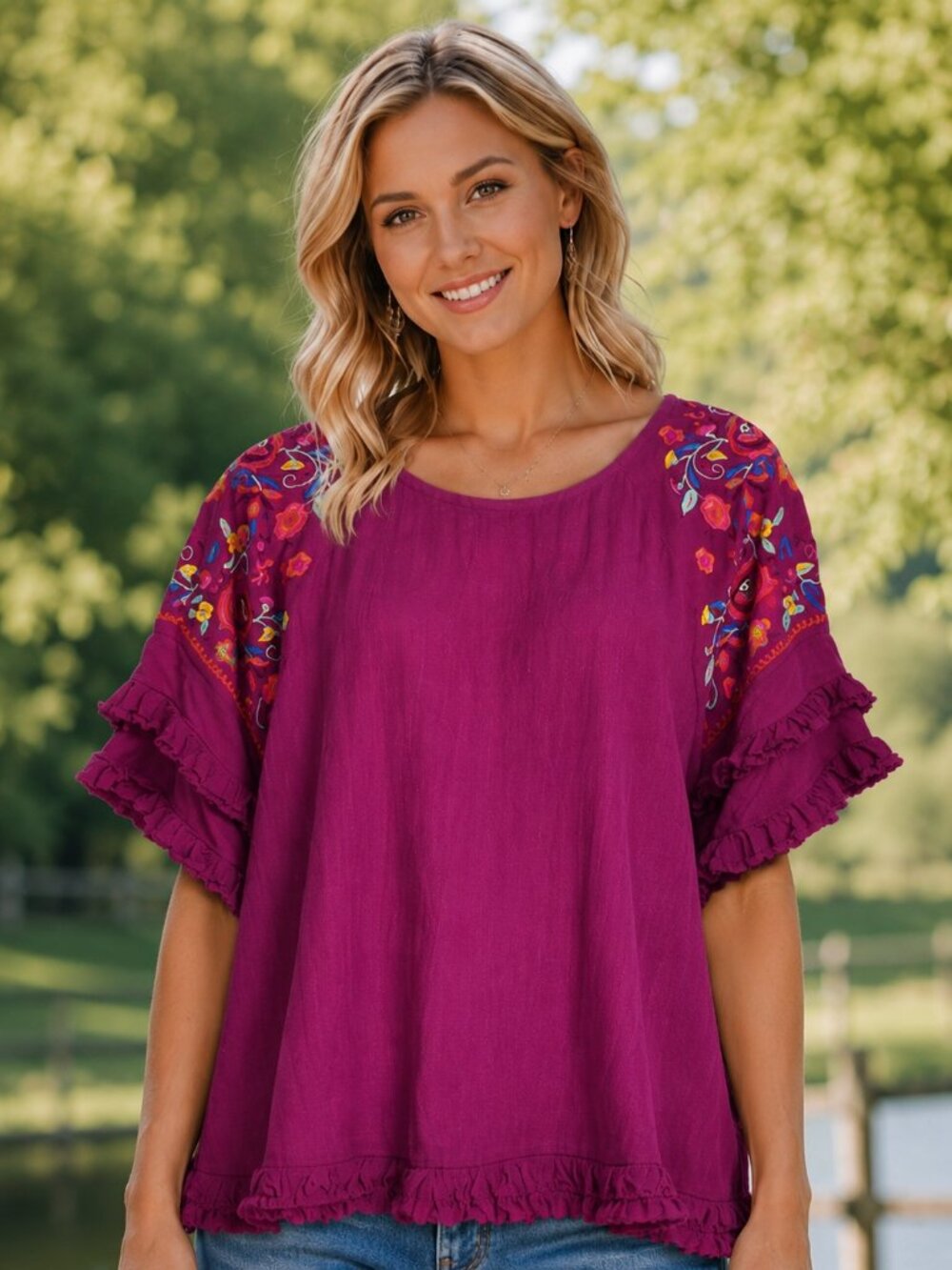 UMGEE USA Blouse Dark Pink Embroidered Shoulders & Fringe Hems NWOT M
